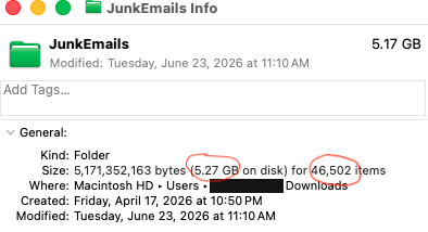 JunkEmails folder information showing 5.17 GB and 46,502 items removed